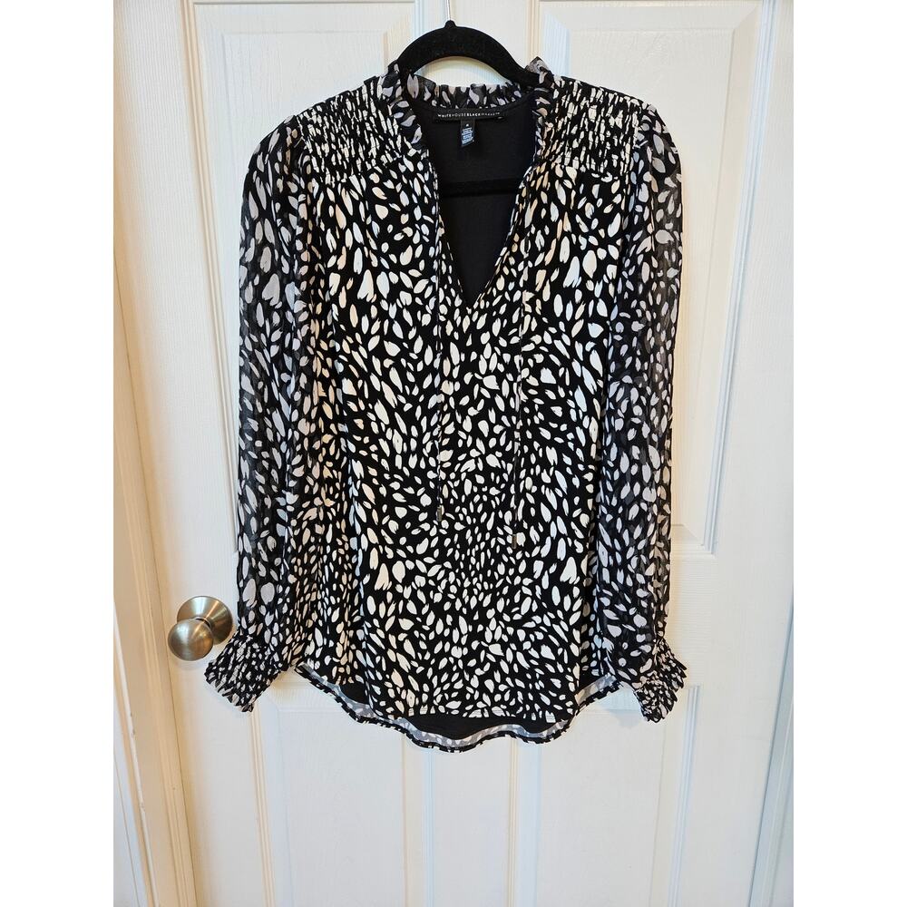 WHITE HOUSE BLACK MARKET Sheer Smocked Blouse Black White Abstract Print Size S